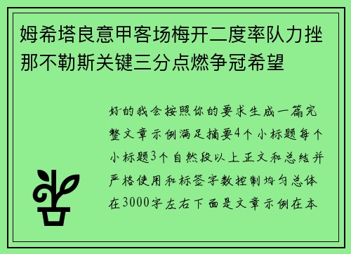 姆希塔良意甲客场梅开二度率队力挫那不勒斯关键三分点燃争冠希望